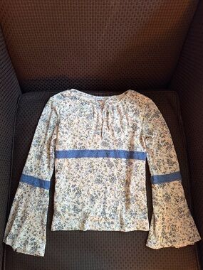 le chateau Cream Floral Long-Sleeve Top with Blue Trim